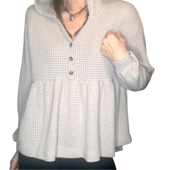 So Thermal Waffle Knit Hooded Top Sz S Peplum Beach Casual Boho Beige Sweatshirt - Picture 3 of 9